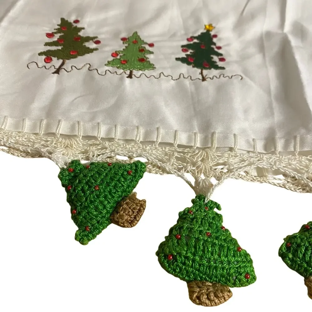 Handmade Cotton Kitchen Towel w/ Embroidered Christmas Trees & Crocheted Fringe